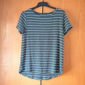 Pink Clover, Womens small, green stripped tee with button down back